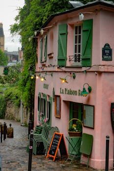 Picturesque view of the iconic La Maison Rose restaurant in Montmartre, Paris.