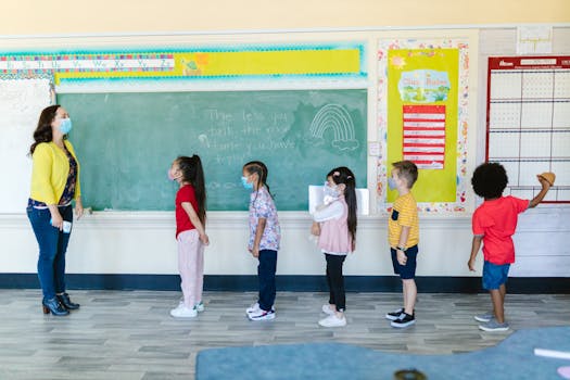 Teacher and diverse children wearing masks in line for classroom activity, embracing new normal.